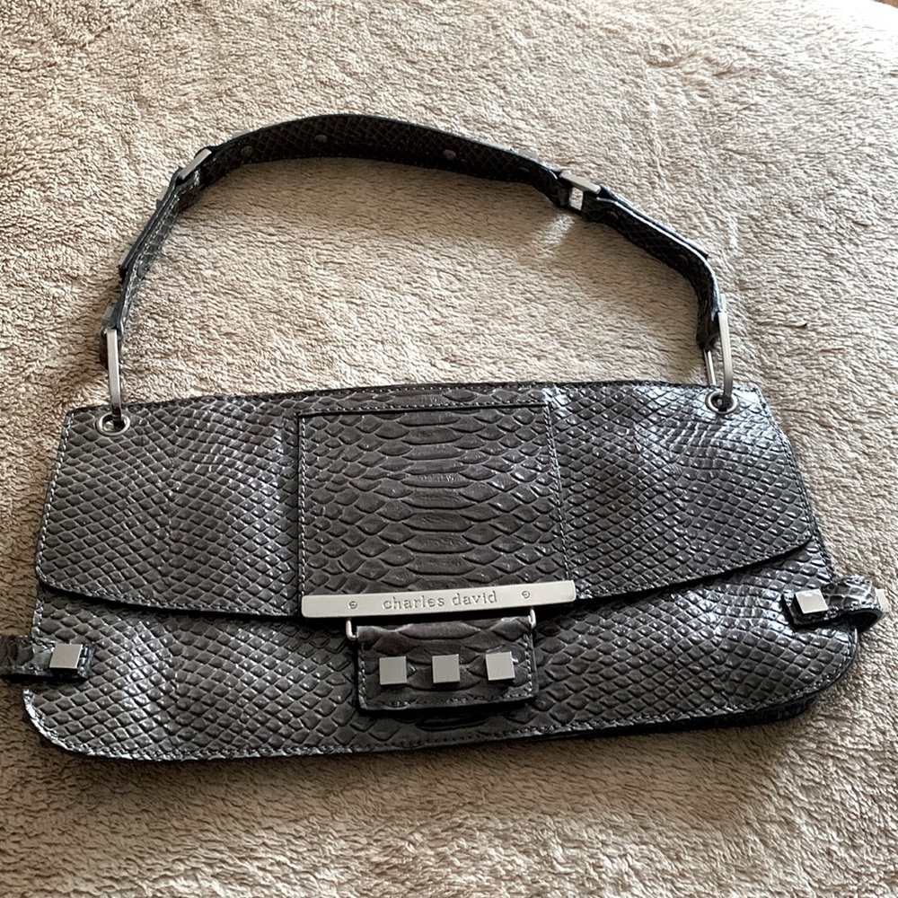 Charles David Womens Leather Faux Croc Satchel Shoulder Handbag Greenish Grey